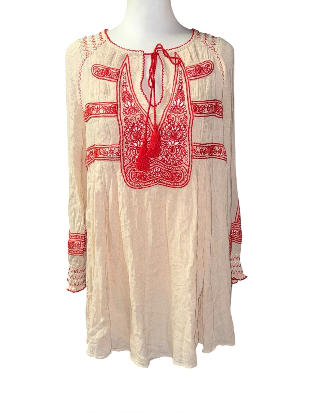 Free People Cream Peasant Top with Red Trim - Picture 3 of 13